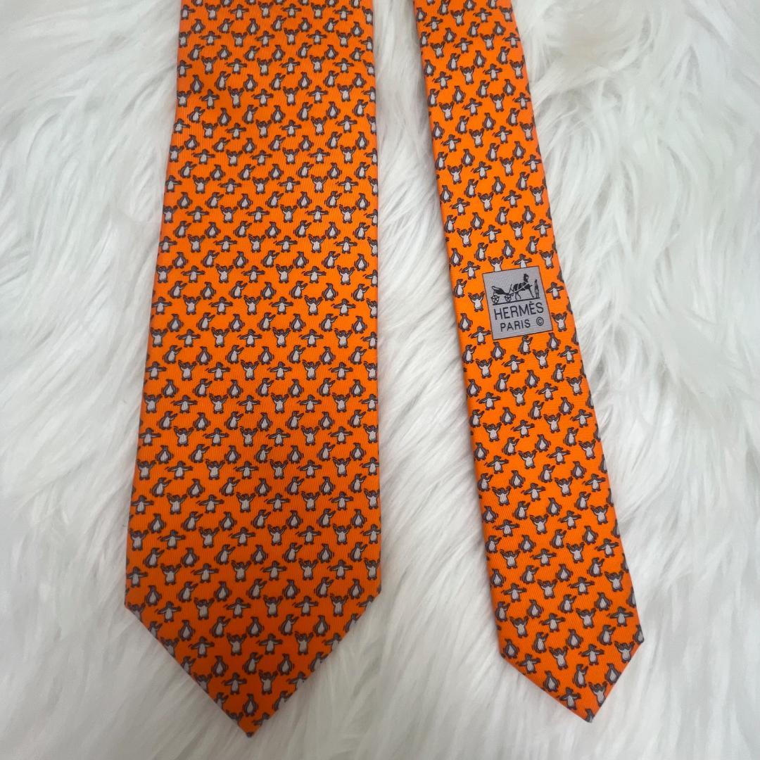 極美品✨エルメス　HERMES 　ネクタイ　シルク100％　オレンジ系