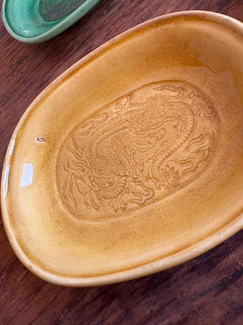 値下げ依頼対応　珉平焼　希少　龍紋　楕円皿　４枚セット　緑１枚　黄３枚