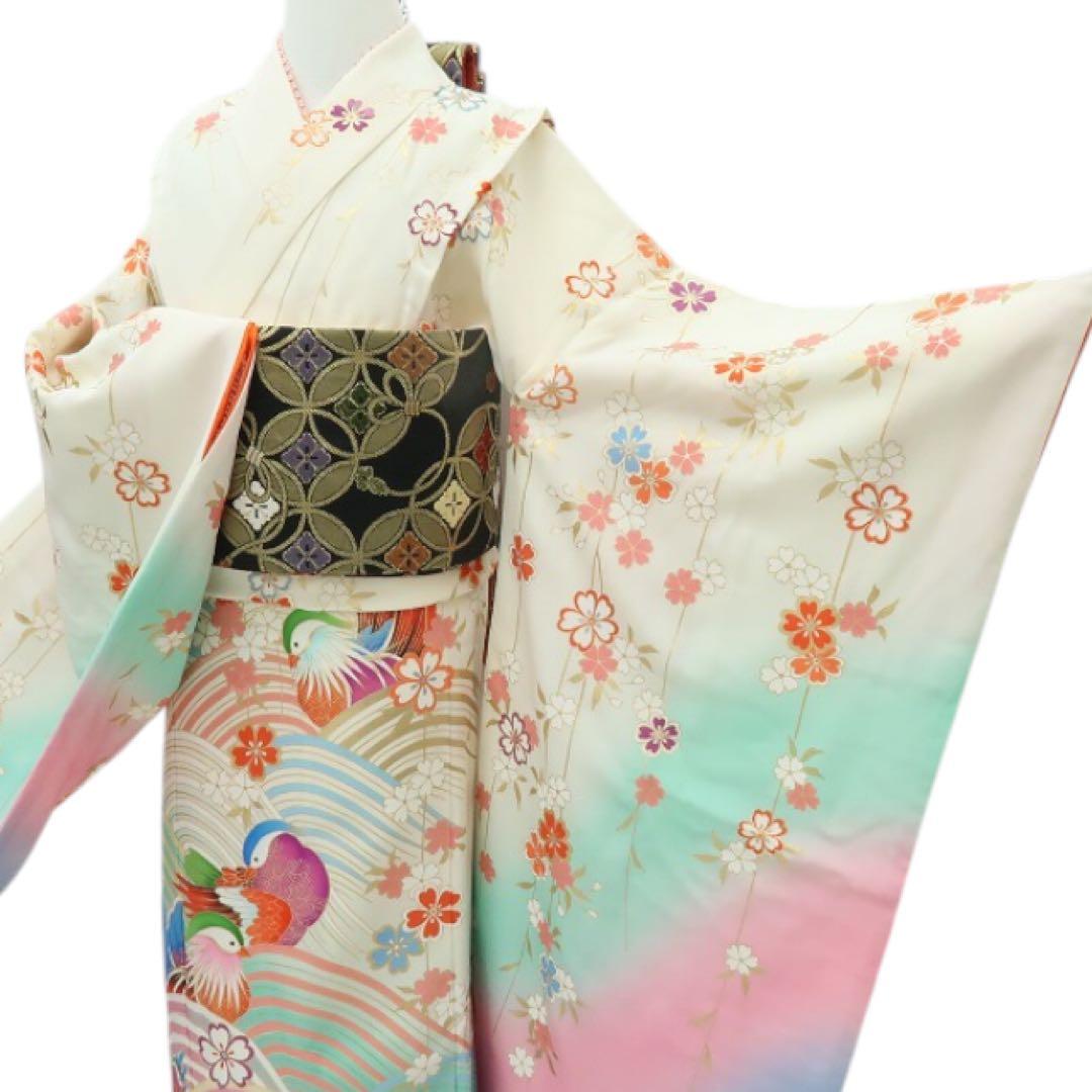美品 正絹 七五三 ７歳 女児 四つ身着物 鴛鴦 B21
