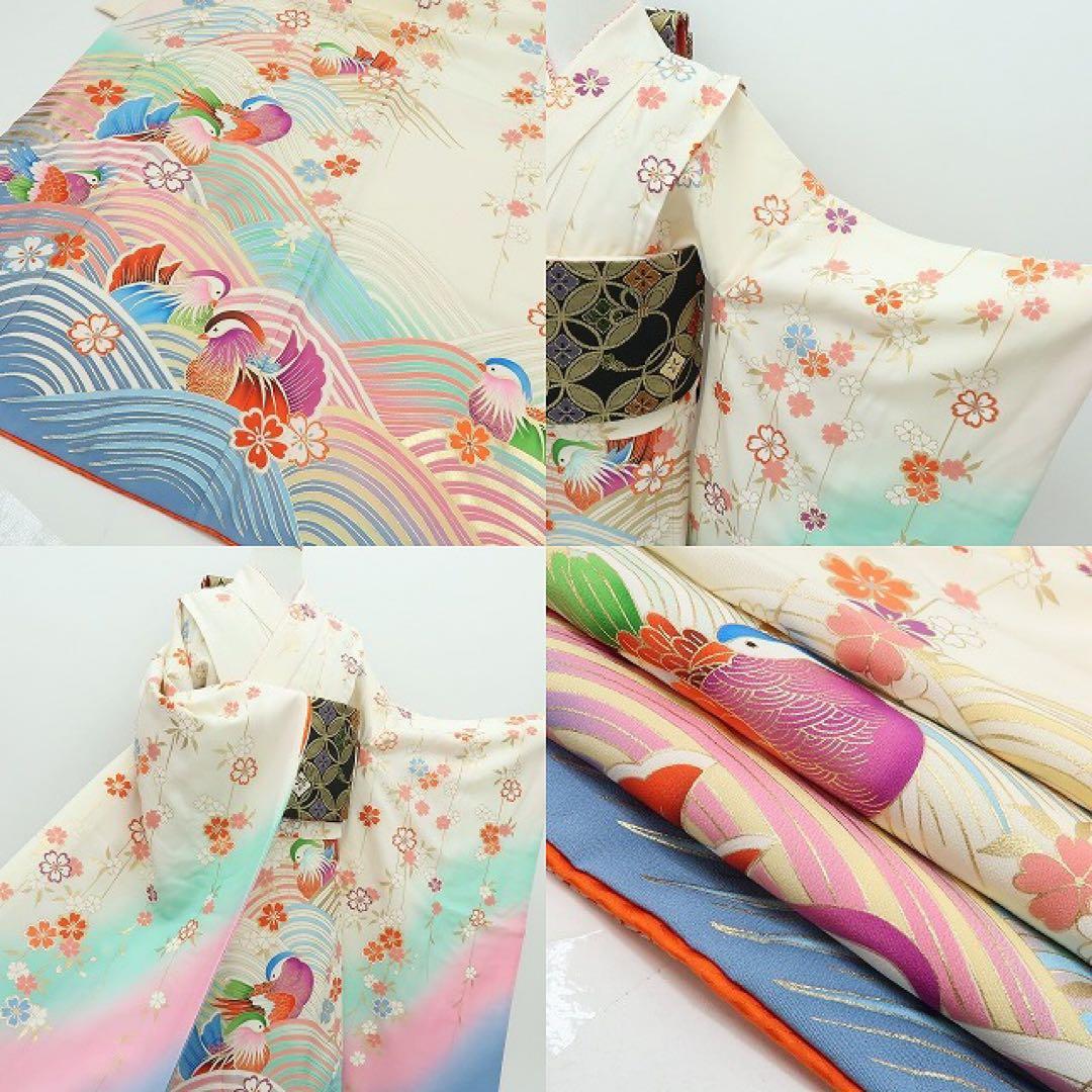 美品 正絹 七五三 ７歳 女児 四つ身着物 鴛鴦 B21