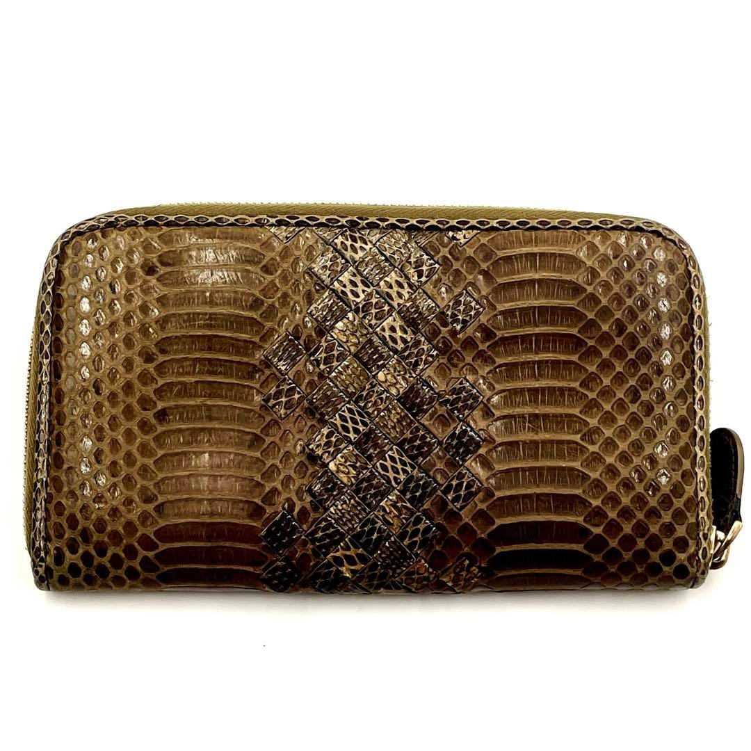 【極美品】ボッテガ ヴェネタ パイソン×イントレチャート 長財布 ブラウン