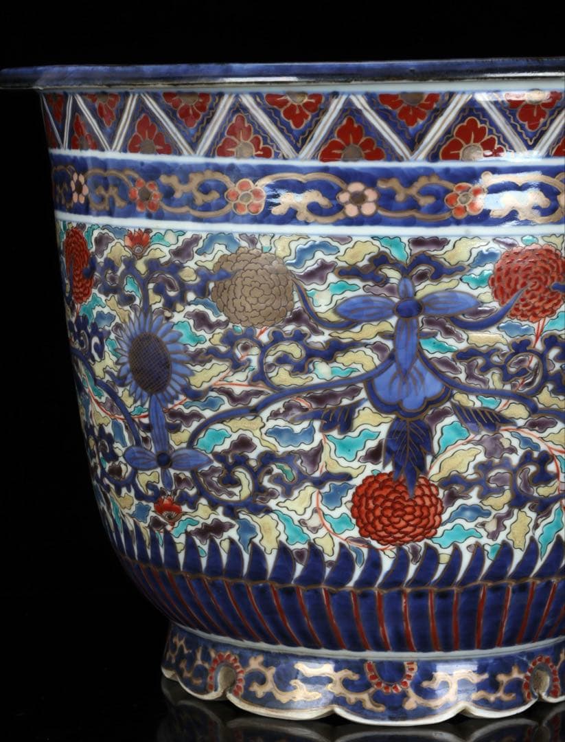 【古伊万里】色絵金彩大鉢 菊牡丹文様 植木鉢 蘭鉢 盆栽鉢 火鉢 骨董 古美術