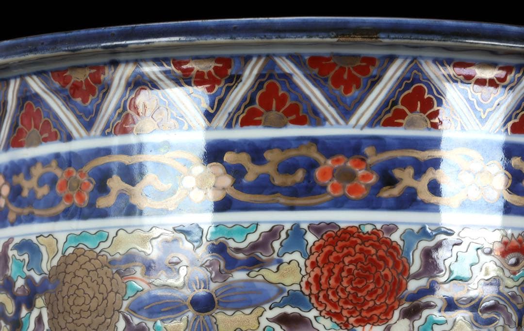 【古伊万里】色絵金彩大鉢 菊牡丹文様 植木鉢 蘭鉢 盆栽鉢 火鉢 骨董 古美術
