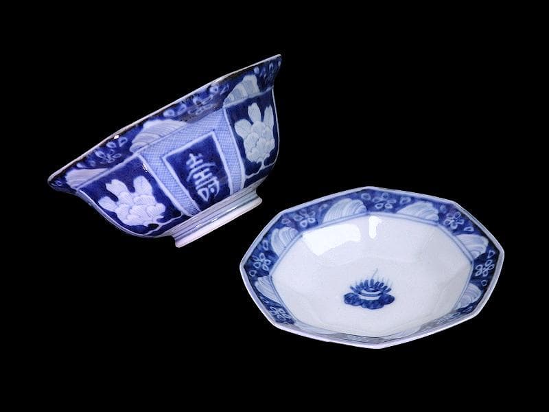 古伊万里　染付　牡丹に福寿の図　八角大振蓋茶碗　N096AS-DBx