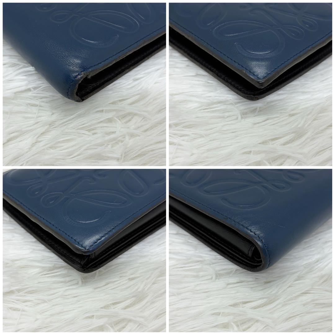 希少/美品✨️ロエベ 二つ折り財布 アナグラム レザー ネイビー ブラック