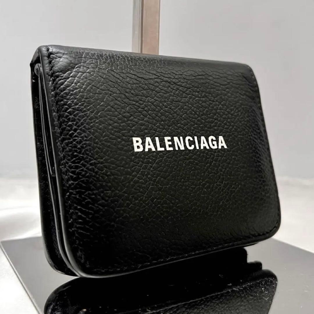 ◇美品◇バレンシアガ　コンパクト折り財布　白ロゴ×ブラックレザー×ゴールド金具