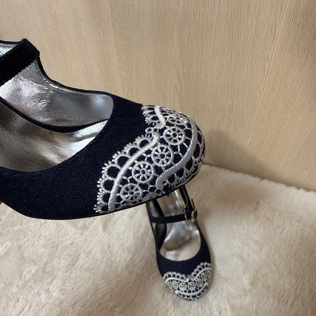【未使用】ANNA SUI デニム生地レース刺繍メリージェーンシューズ