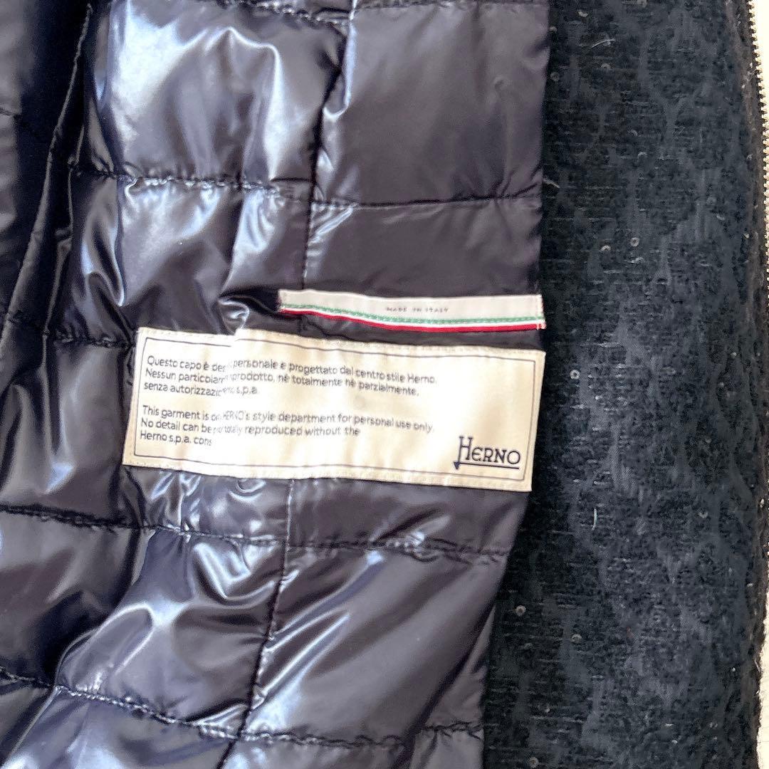 美品 ヘルノ HERNO ウール アルパカ混 ダウンコート ジャガード ブラック