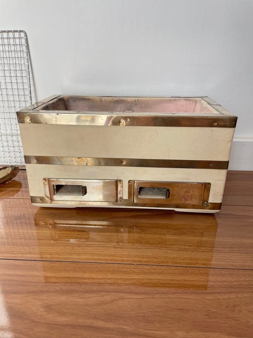 奥能登 天然珪藻土切出し七輪 真鍮巻長角型大判 左右独立タイプ 備品付 炭火調理