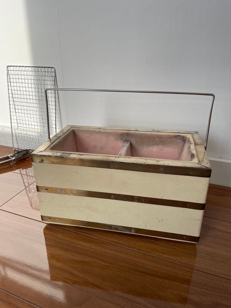 奥能登 天然珪藻土切出し七輪 真鍮巻長角型大判 左右独立タイプ 備品付 炭火調理