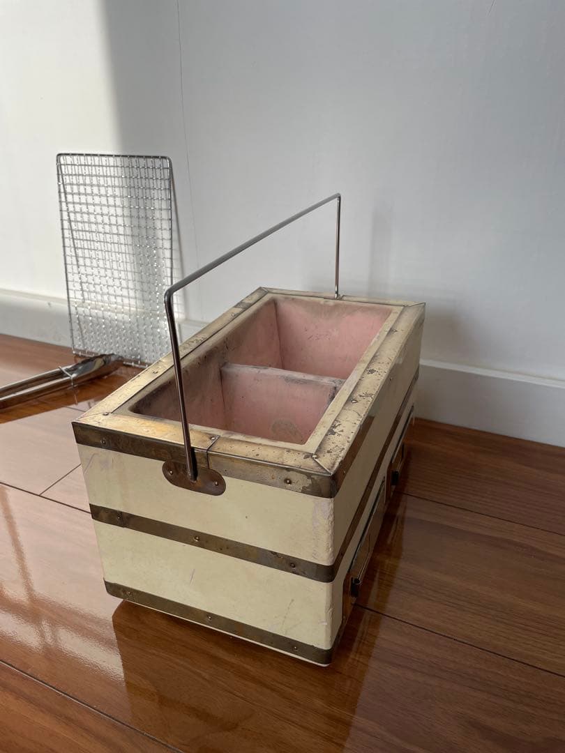 奥能登 天然珪藻土切出し七輪 真鍮巻長角型大判 左右独立タイプ 備品付 炭火調理