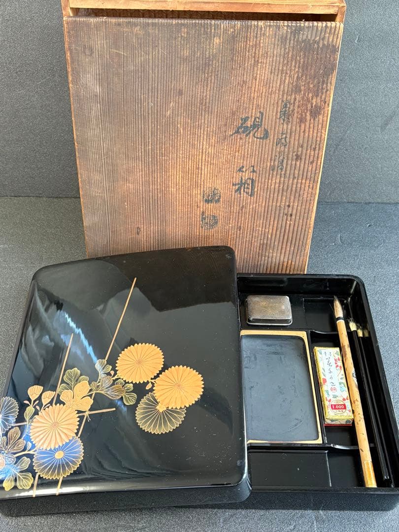 【極美品/希少】時代物 金蒔絵 硯箱 フルセット 鶏竹紋 大正期 骨董