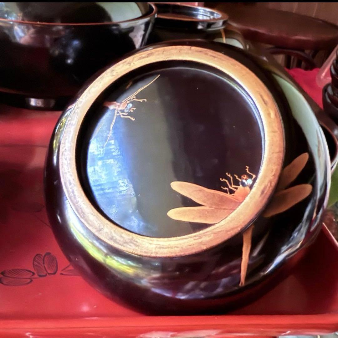 Ｂ様へ感謝お嫁入り‼️レアなかげろふJAPAN螺鈿蒔絵『蜻蛉＆菊＆木蓮上黒持椀4客