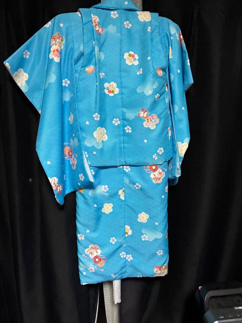 七五三用 花柄 着物 青色3歳