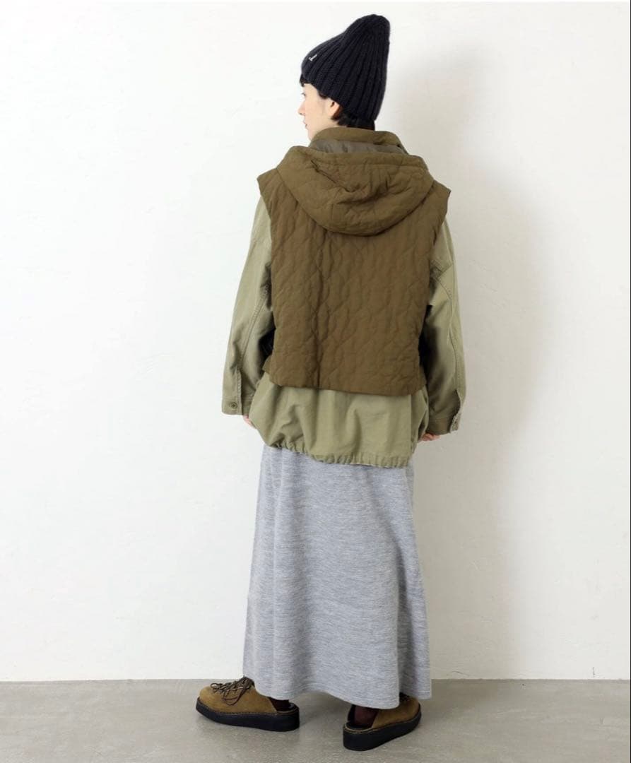 jsluxe ナイロン中綿キルトベスト カーキ色
