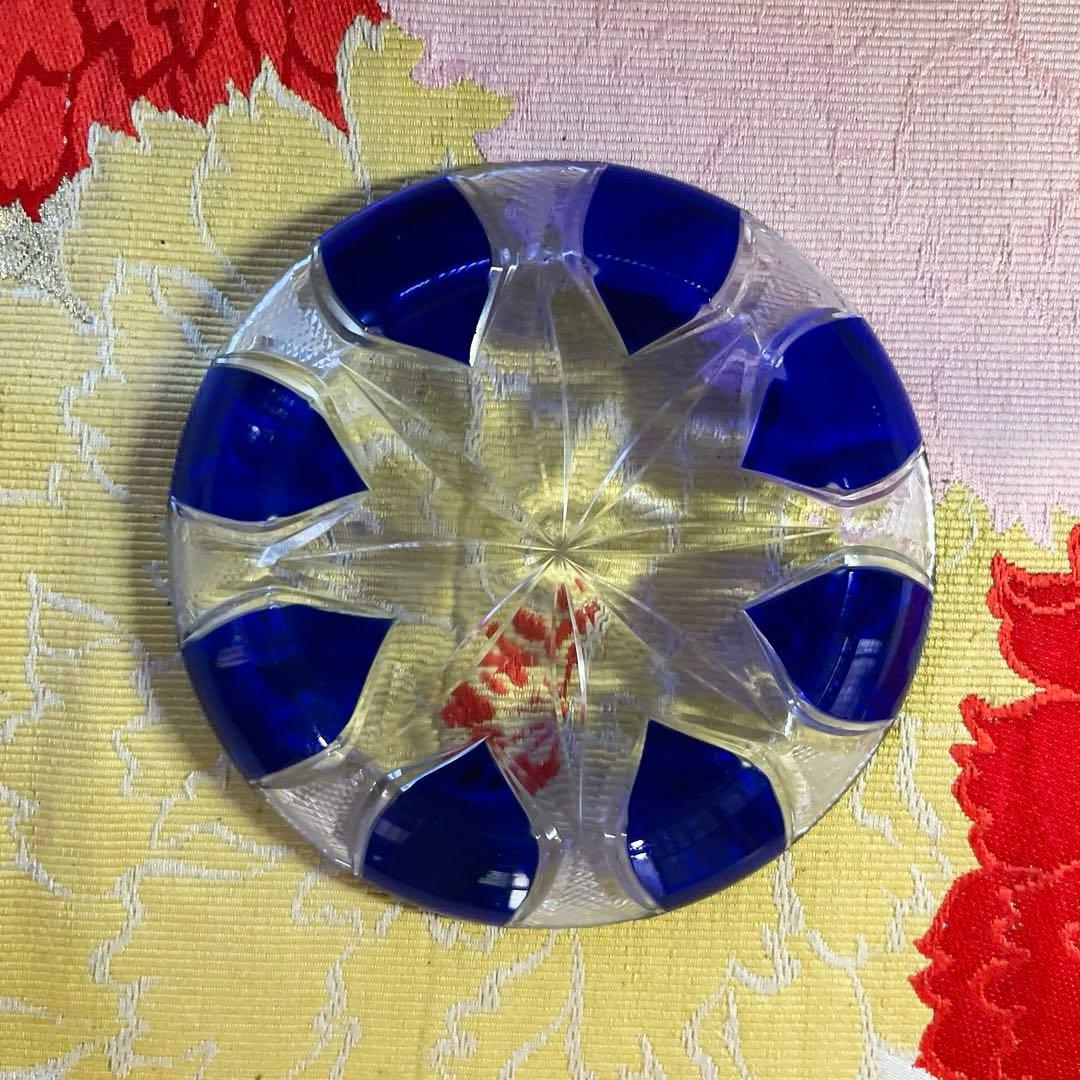 骨董　時代ガラス　青色被せ　精密カット　星切子　中鉢　小皿　１客