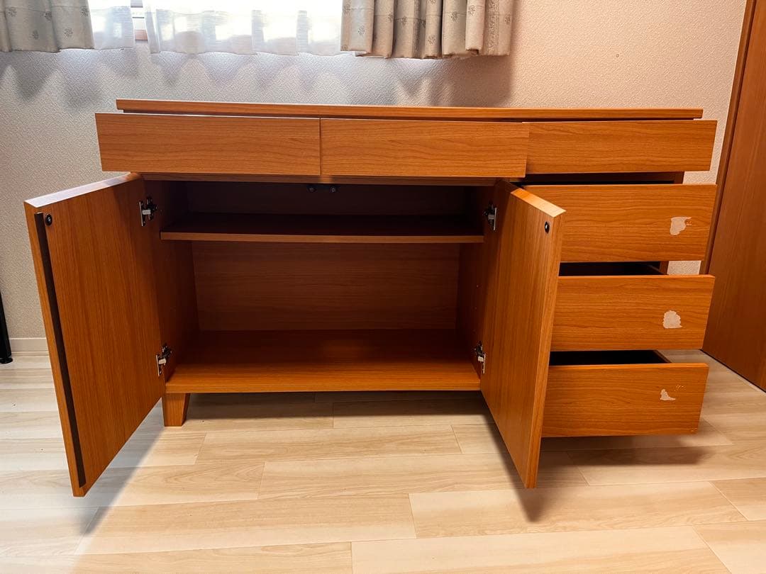 木目調キャビネット 5引き出し 2扉