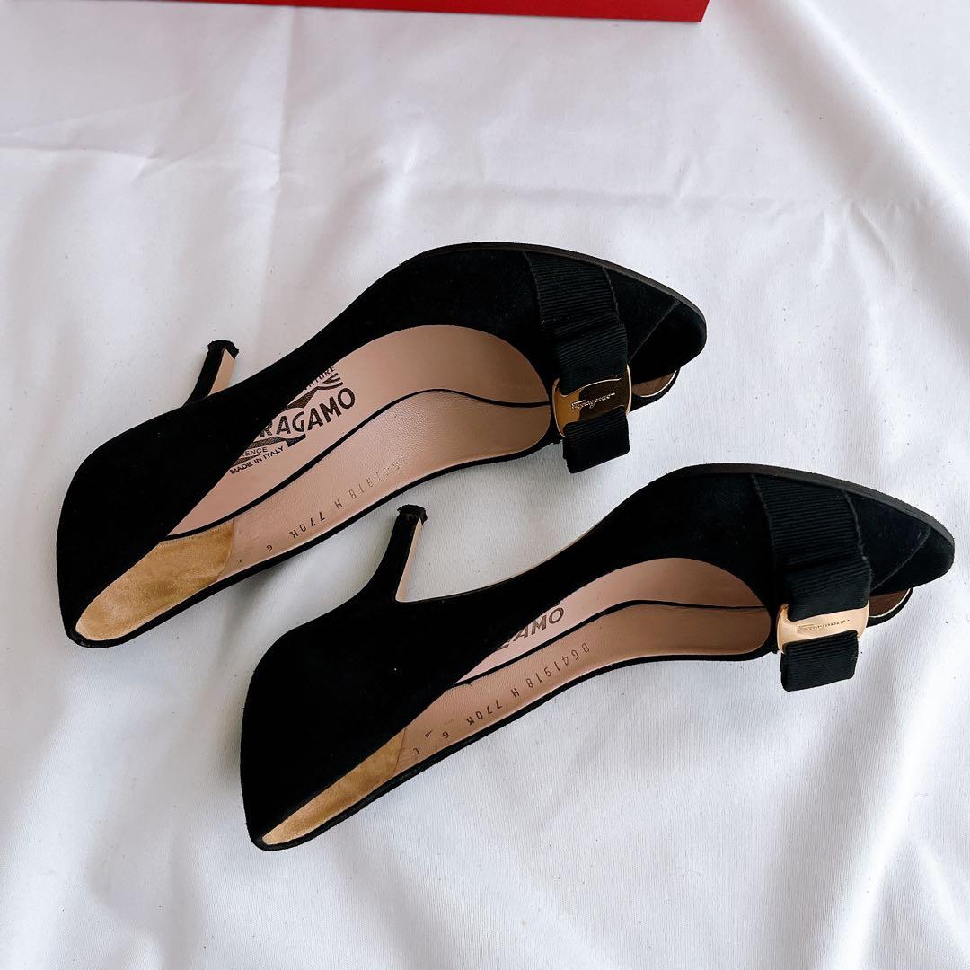 美品 箱 付属品付 フェラガモ ヴァラリボン オープントゥパンプス 23.5 黒