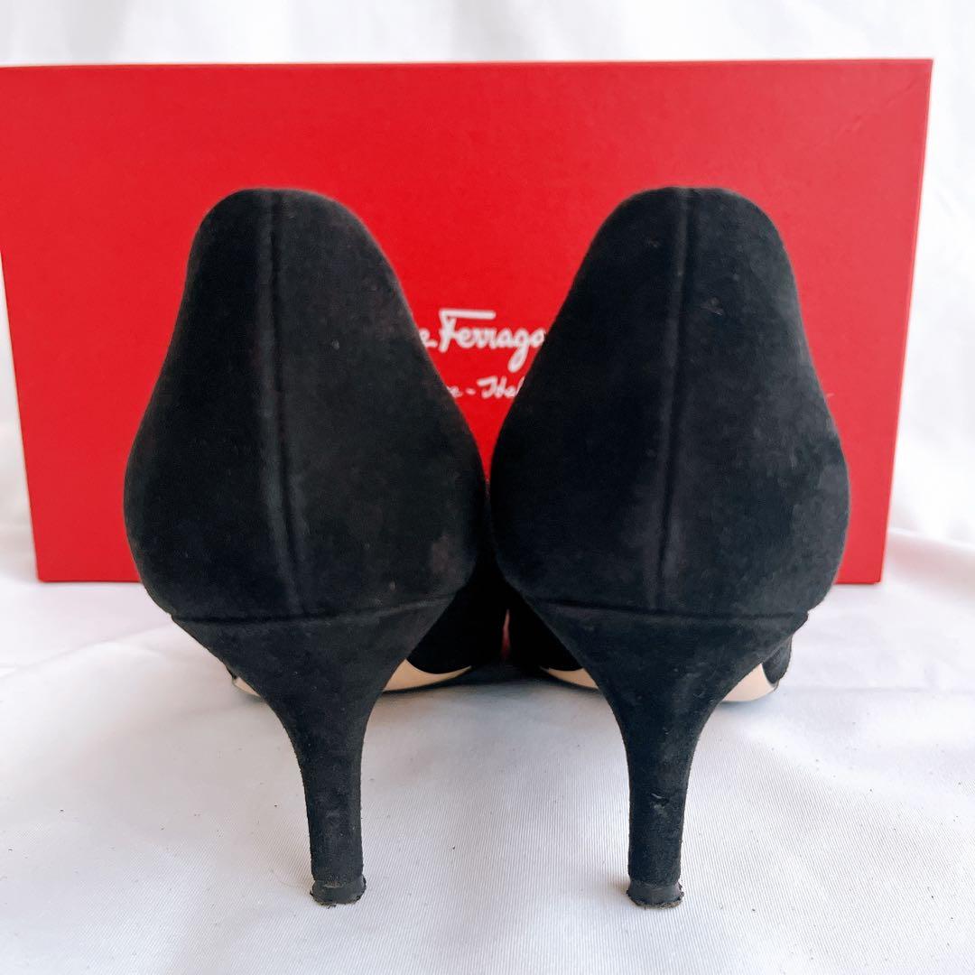 美品 箱 付属品付 フェラガモ ヴァラリボン オープントゥパンプス 23.5 黒