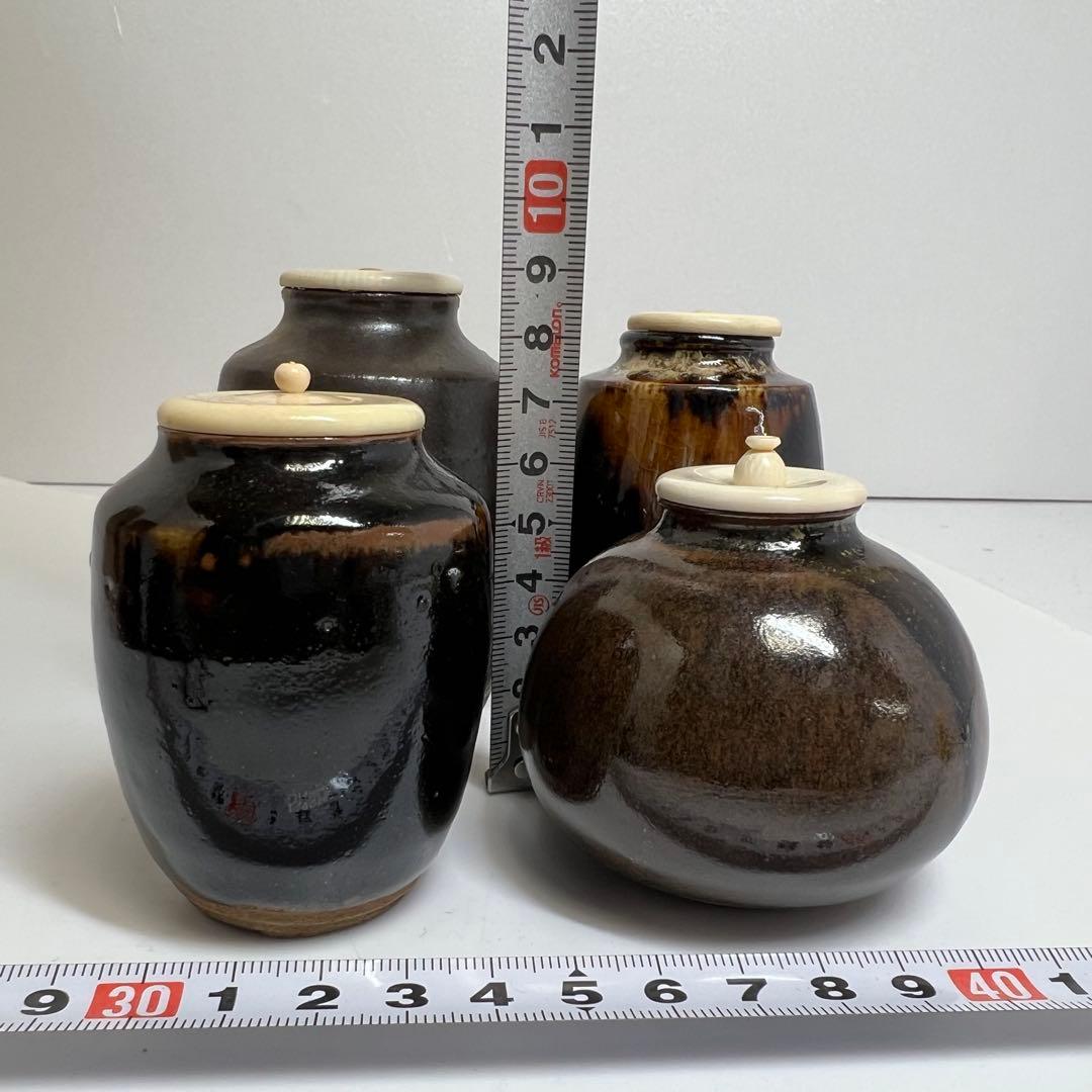 ☆茶3 茶入　極上蓋　4点セット　h9.5/9/8/6.5cm 東K7-1220