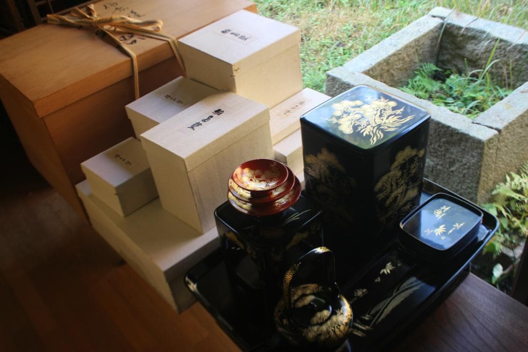 デッドストック！！極上松竹梅鶴亀沈金の映える輪島塗屠蘇器重箱揃い（検重箱お重