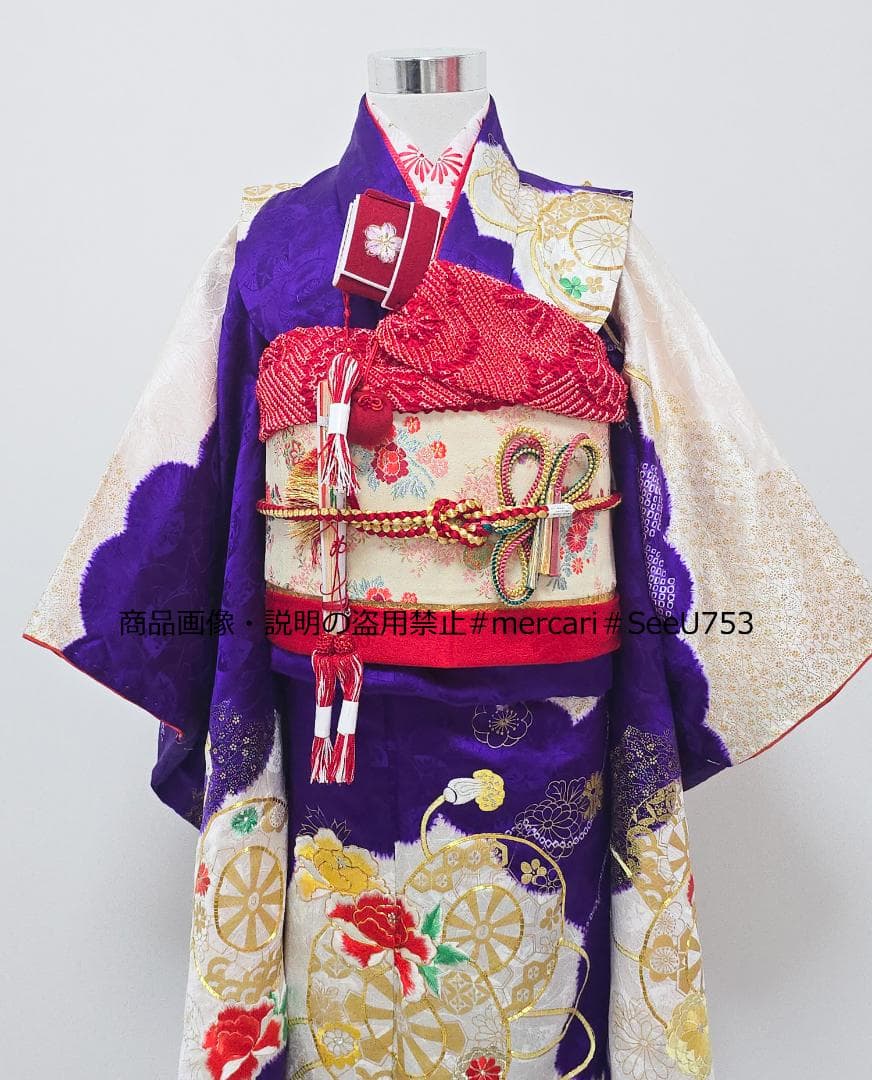 七五三　7歳　 正絹　部分絞り　着物　フルセット　女の子 d01