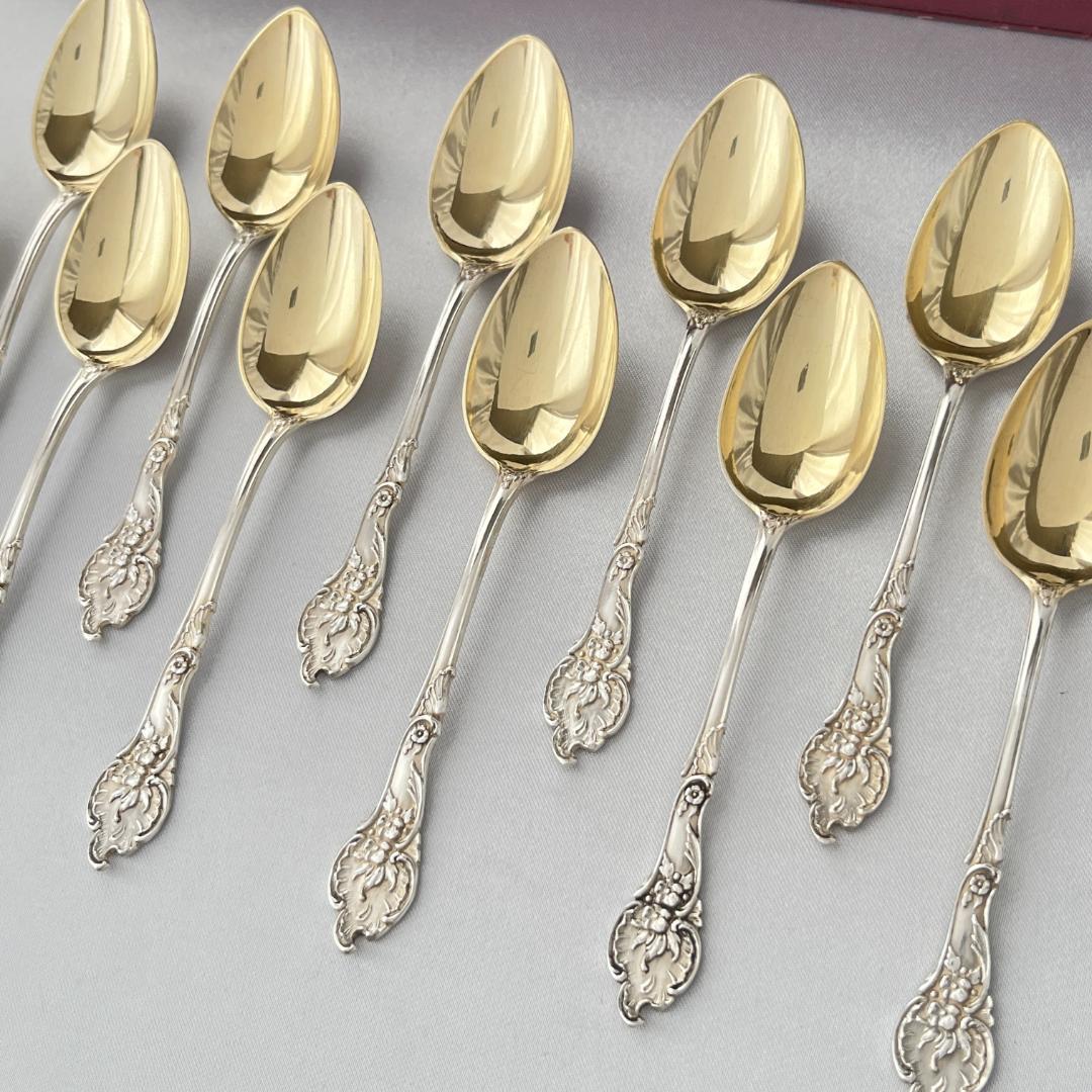 【ドイツ】レリーフのモカスプーン 12本【純銀】 10.5cm ケース