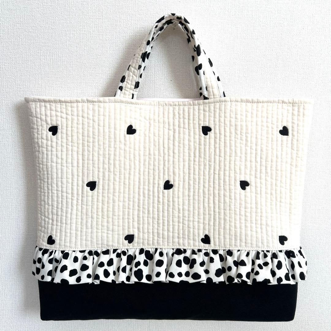 入園入学4点セット　【白地黒ハートヌビ×ダルメシアン】　女の子　ナップサック