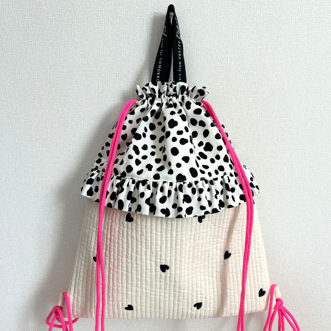 入園入学4点セット　【白地黒ハートヌビ×ダルメシアン】　女の子　ナップサック