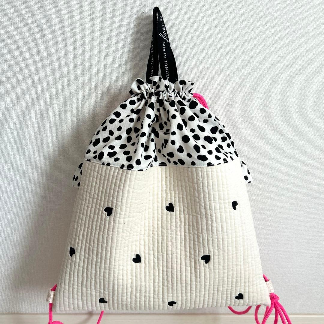入園入学4点セット　【白地黒ハートヌビ×ダルメシアン】　女の子　ナップサック