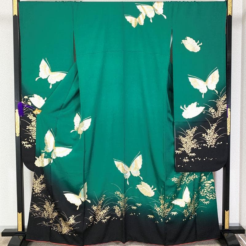 512z14☆振袖 古典柄 金銀彩 シンプル 蝶 緑×黒☆美品 成人式 結婚式