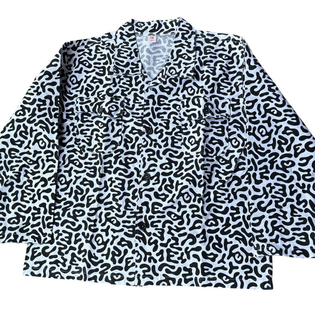 80s 韓国軍 バクテリアカモ コットンシャツ 初期 ブラックボタン XL 希少