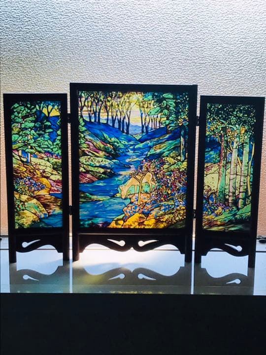 【超希少】グラスマスターズ社　森の中の小鹿三連画ステンドグラス　ティファニー