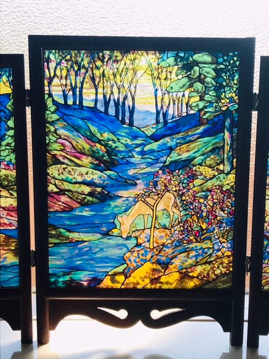 【超希少】グラスマスターズ社　森の中の小鹿三連画ステンドグラス　ティファニー