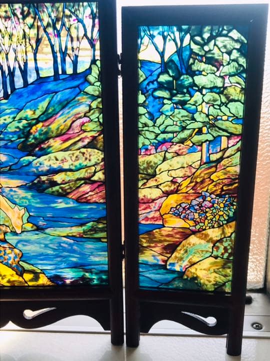 【超希少】グラスマスターズ社　森の中の小鹿三連画ステンドグラス　ティファニー