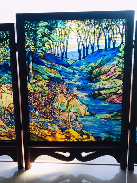 【超希少】グラスマスターズ社　森の中の小鹿三連画ステンドグラス　ティファニー