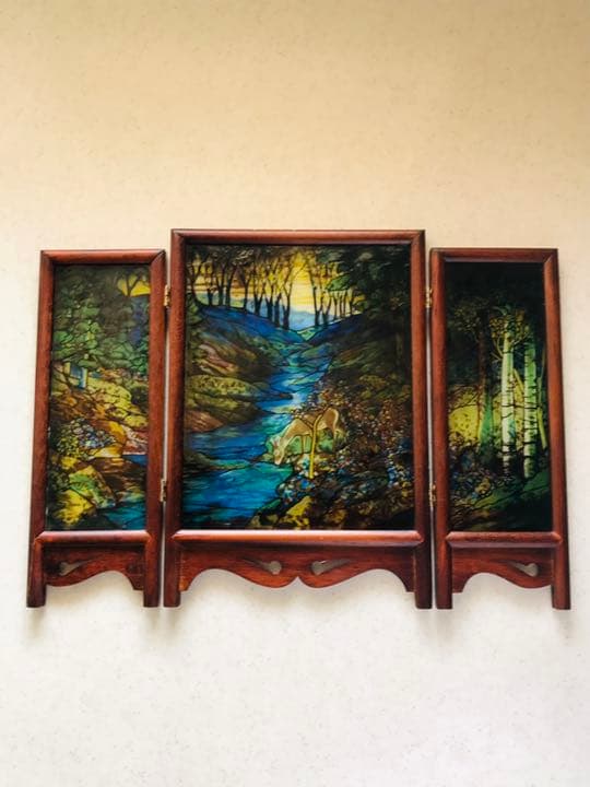 【超希少】グラスマスターズ社　森の中の小鹿三連画ステンドグラス　ティファニー