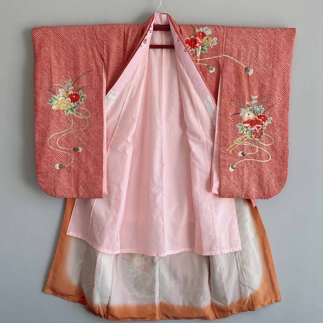 フルセット　七五三　7歳女の子　総しぼり　豪華刺繍　花　鼓　黒袋帯　葉　7067