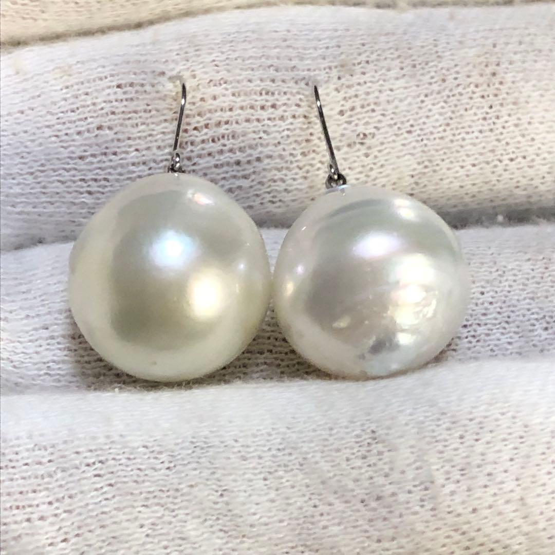 K14WG天然南洋白蝶真珠　大珠スイングピアス　　14.23/14.39mm