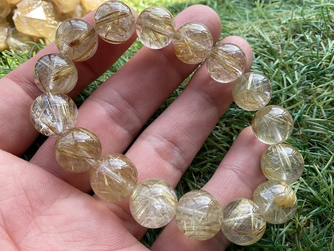 最終価格タイチンルチルクォーツブレスレット約12mm玉内周約16.5cm