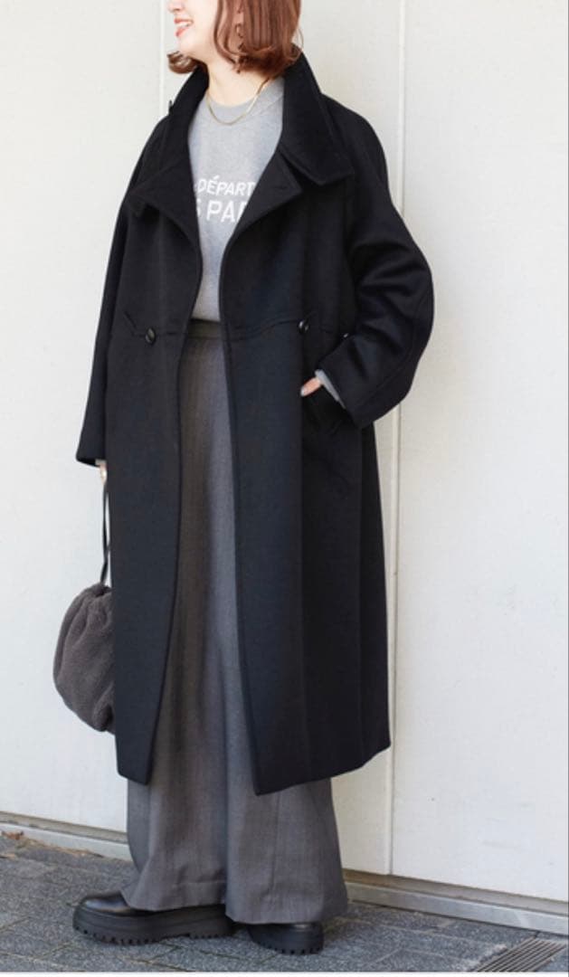 たまり！BCストック＊Wビーバーコクーンスタンドカラーコート　ブラック