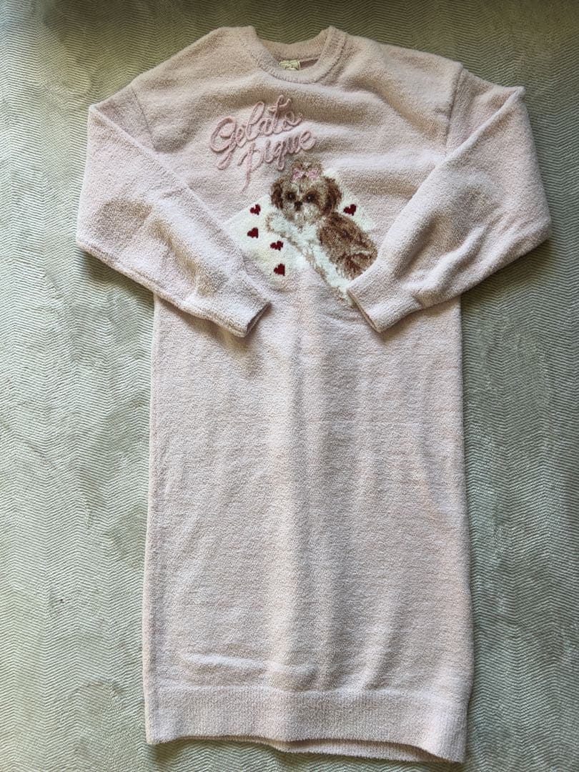 犬刺繍ピンクロングルームウェア