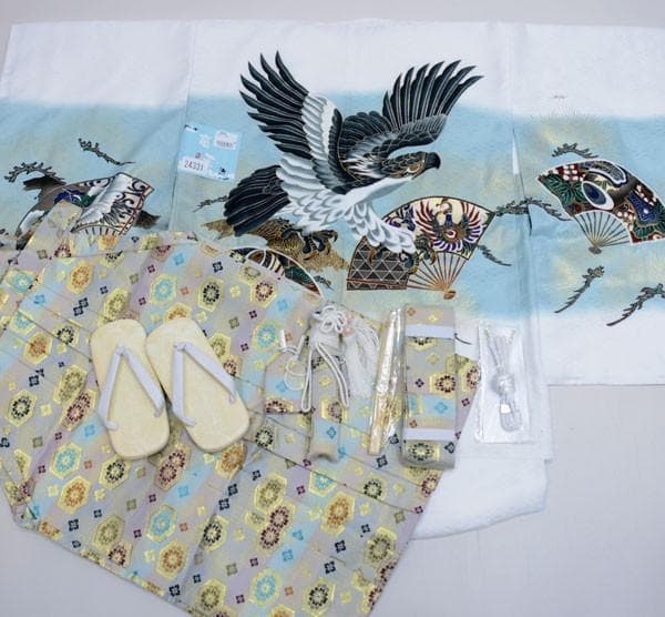 七五三 五歳 男児 羽織袴フルセット 着物 豪華絢爛 白地 紋袴 NO24331