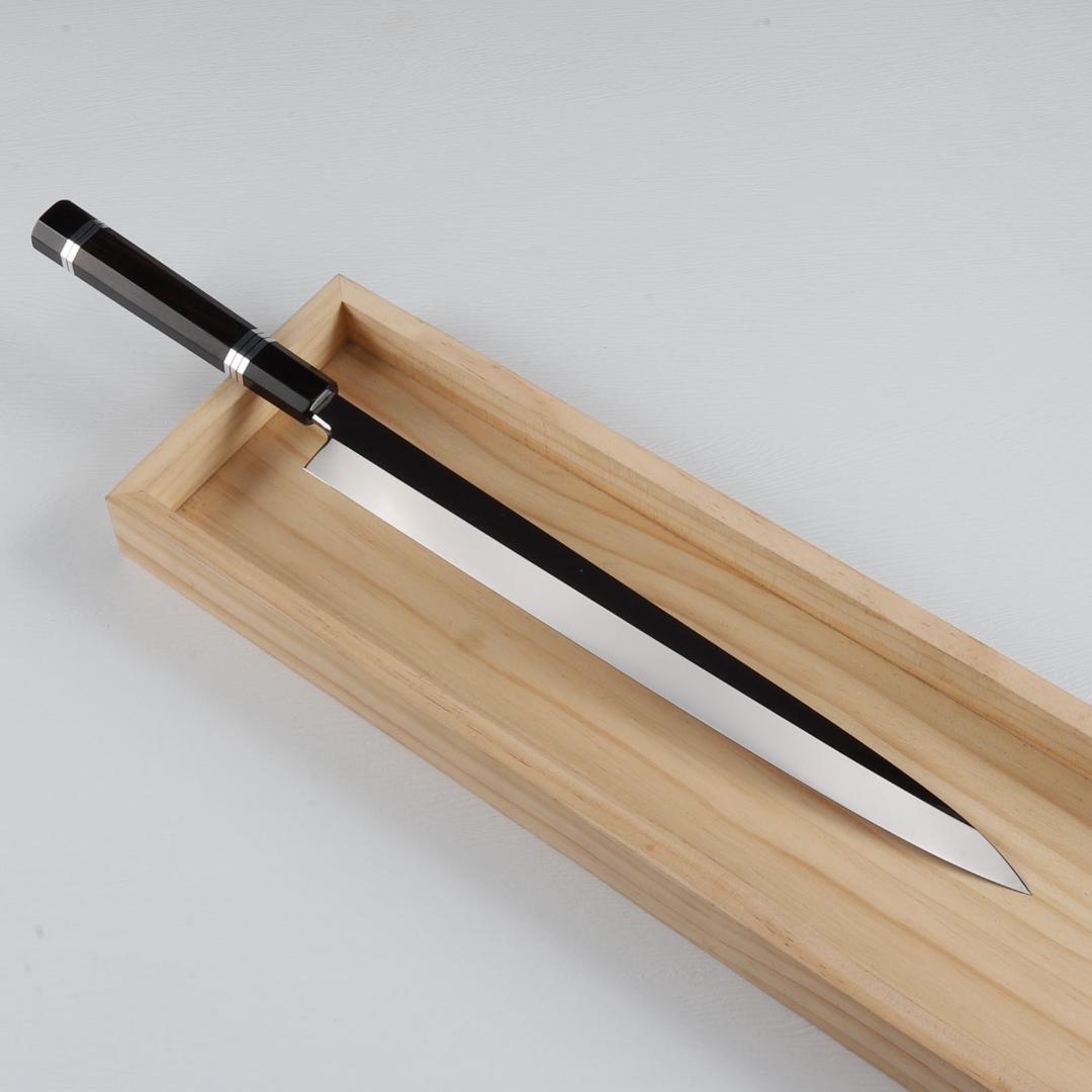 7284柳刃包丁 尺一 ウルトラ鏡面仕上げ 刺身包丁 黒檀黒水牛角五本銀巻八角柄