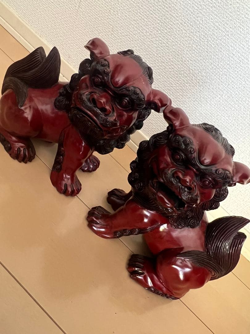 木製赤獅子像 2体セット 玄関守り 魔除け
