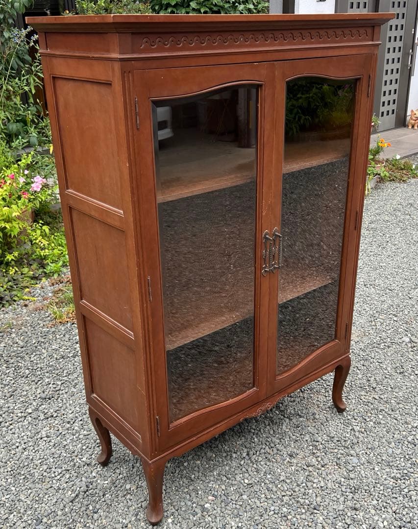 アンティーク 木製 キャビネット 飾り棚 ディスプレイ ガラス扉 猫脚
