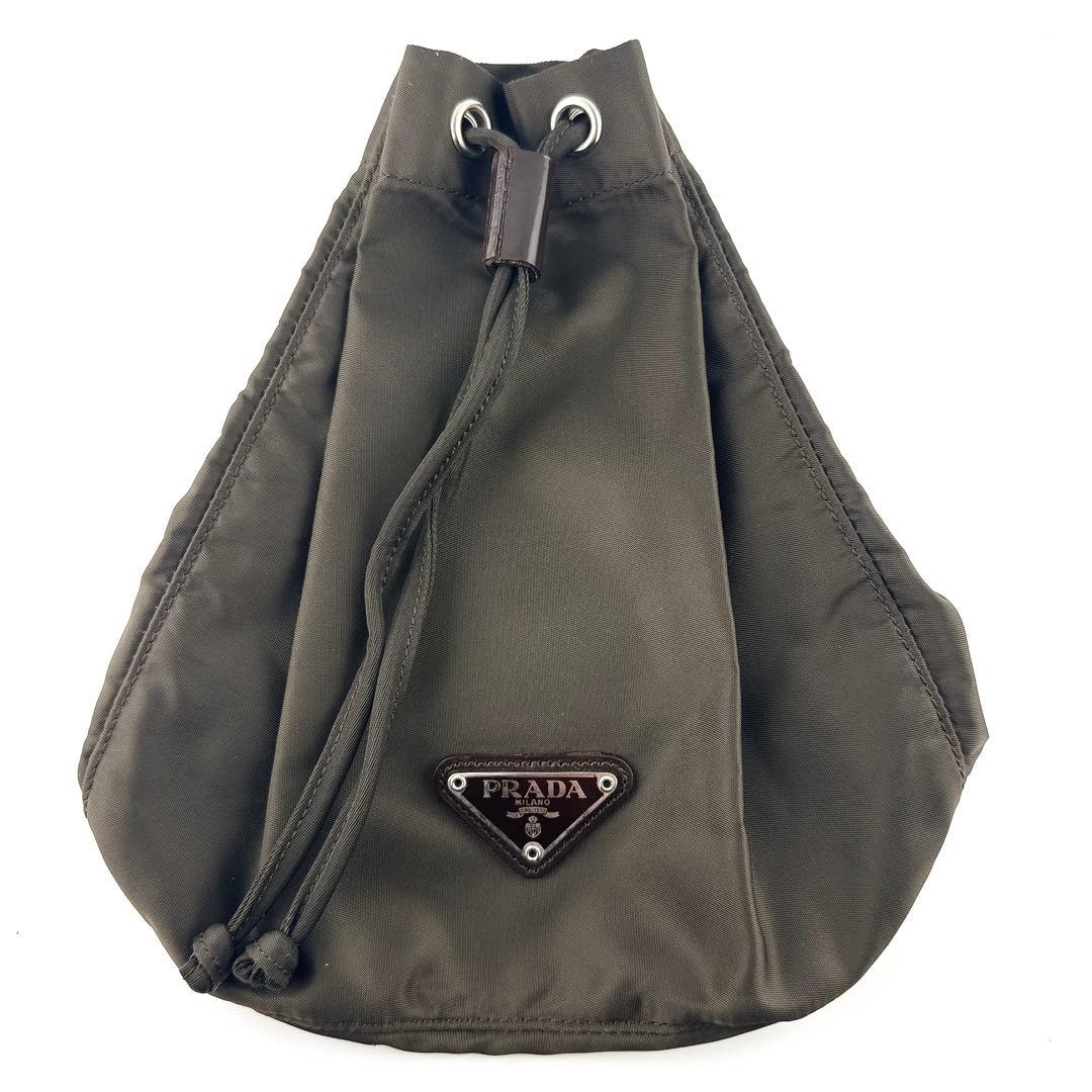 PRADA ナイロン 巾着ポーチ 三角ロゴ カーキ ブラウン MV369