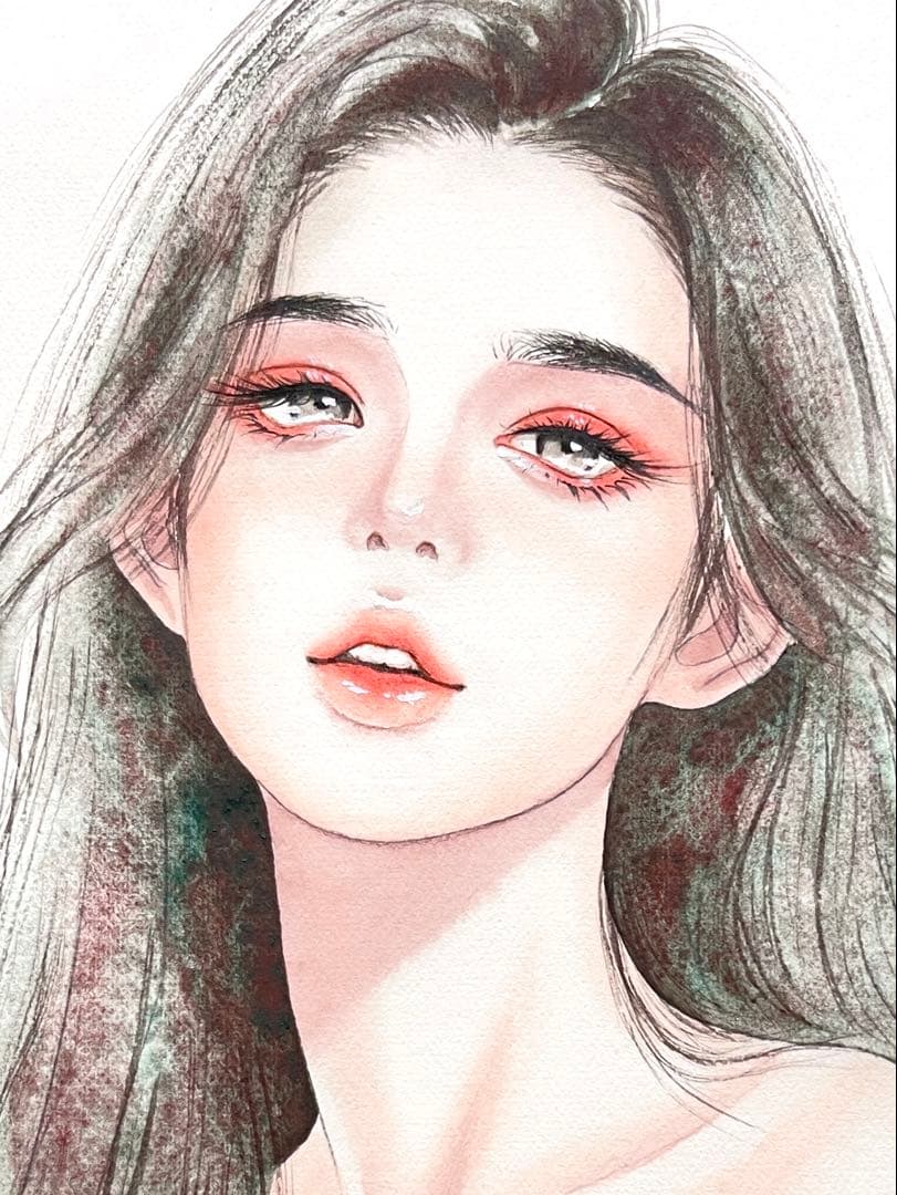 手描きイラスト　水彩原画　ロングヘアの女の子314