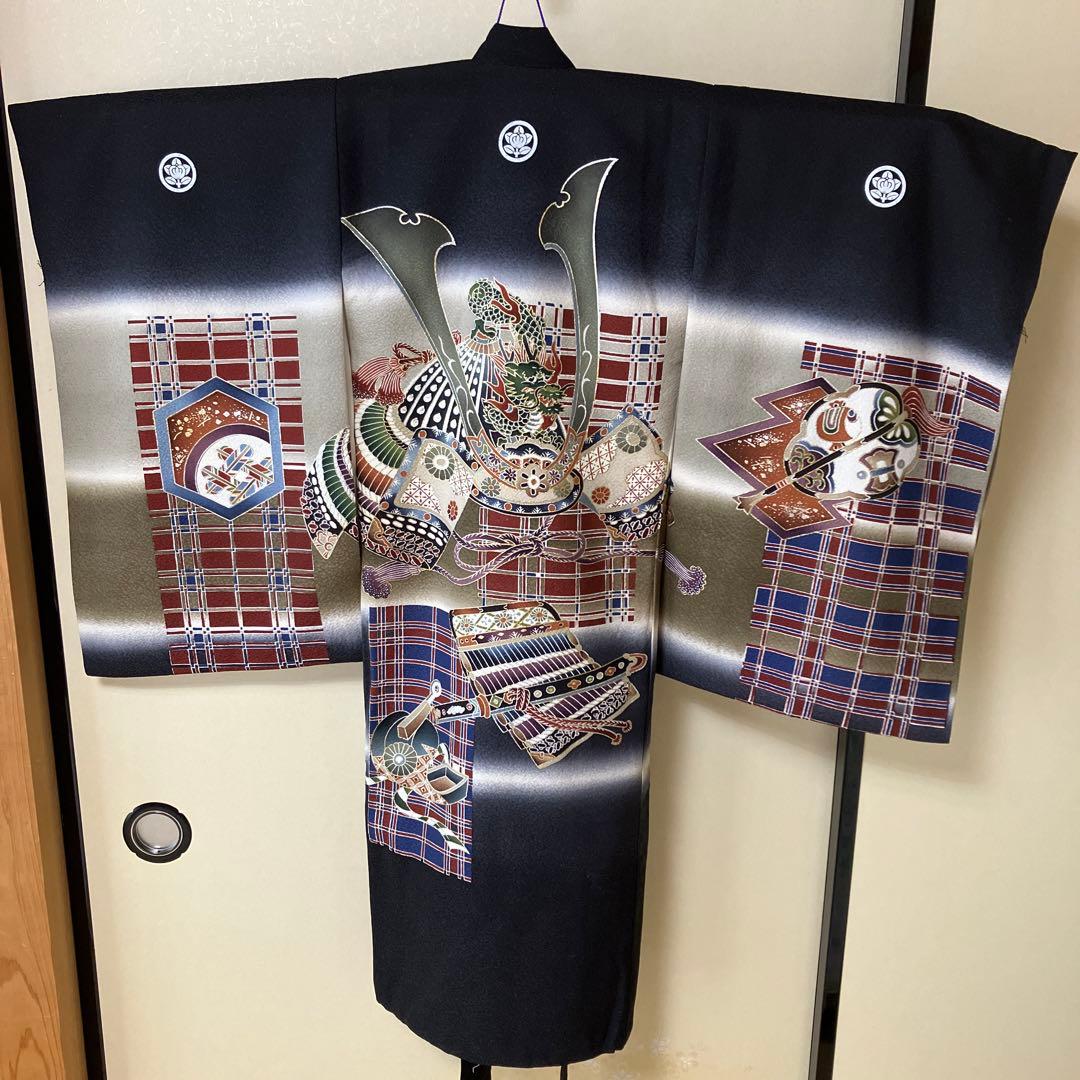 【お宮参り】長襦袢付き　男の子　正絹　〈美品〉　一つ身　お祝い着　家紋・丸に橘