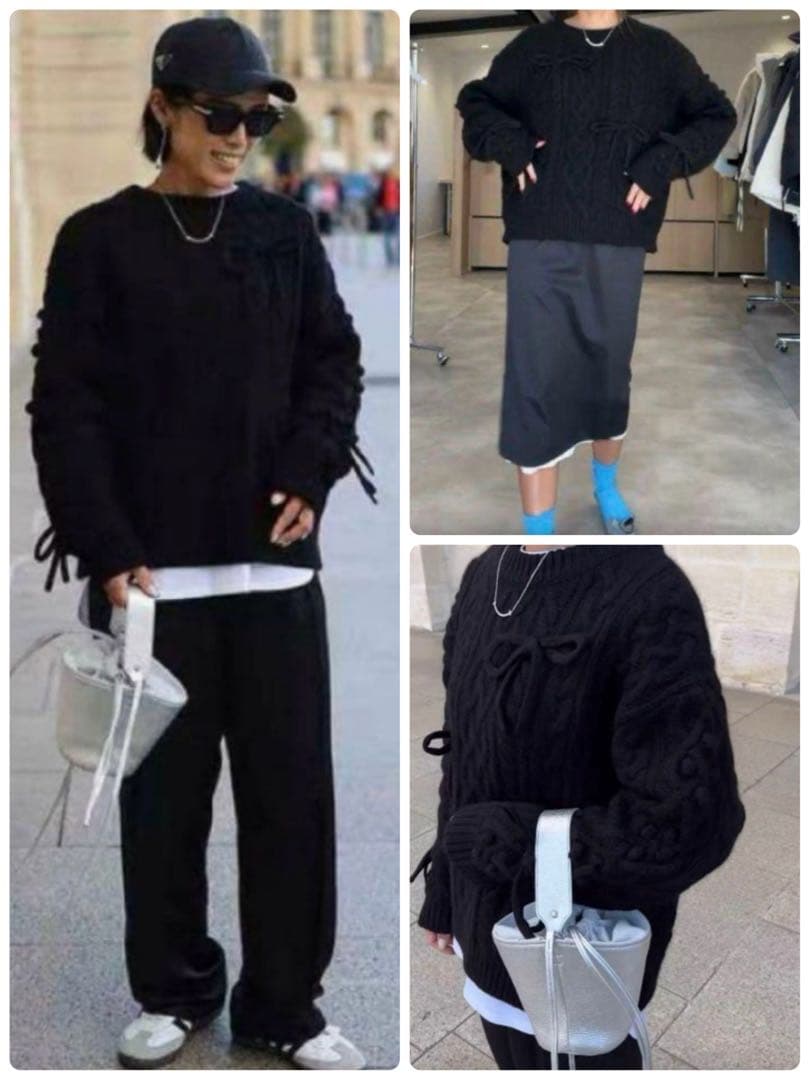 美品✨ ジプソフィア ケーブルニット ウール プルオーバー リボン付 ブラック